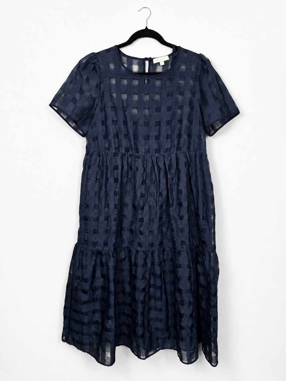 Anthropologie Eri + Ali Navy Windowpane Sheer Puff Sleeve Tiered Midi Dress M